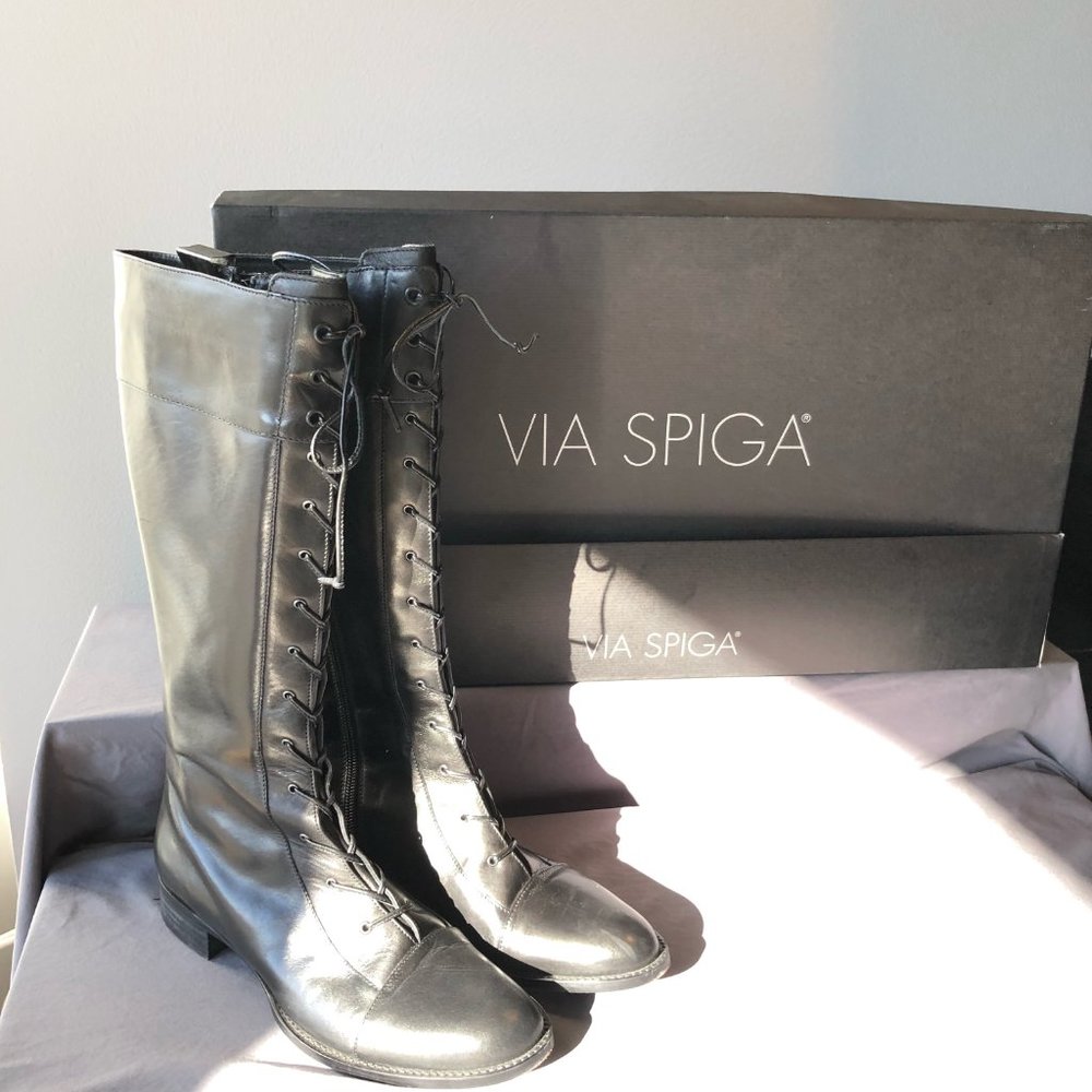 VIA SPIGA black leather COMBAT lace up Tall knee-high boots